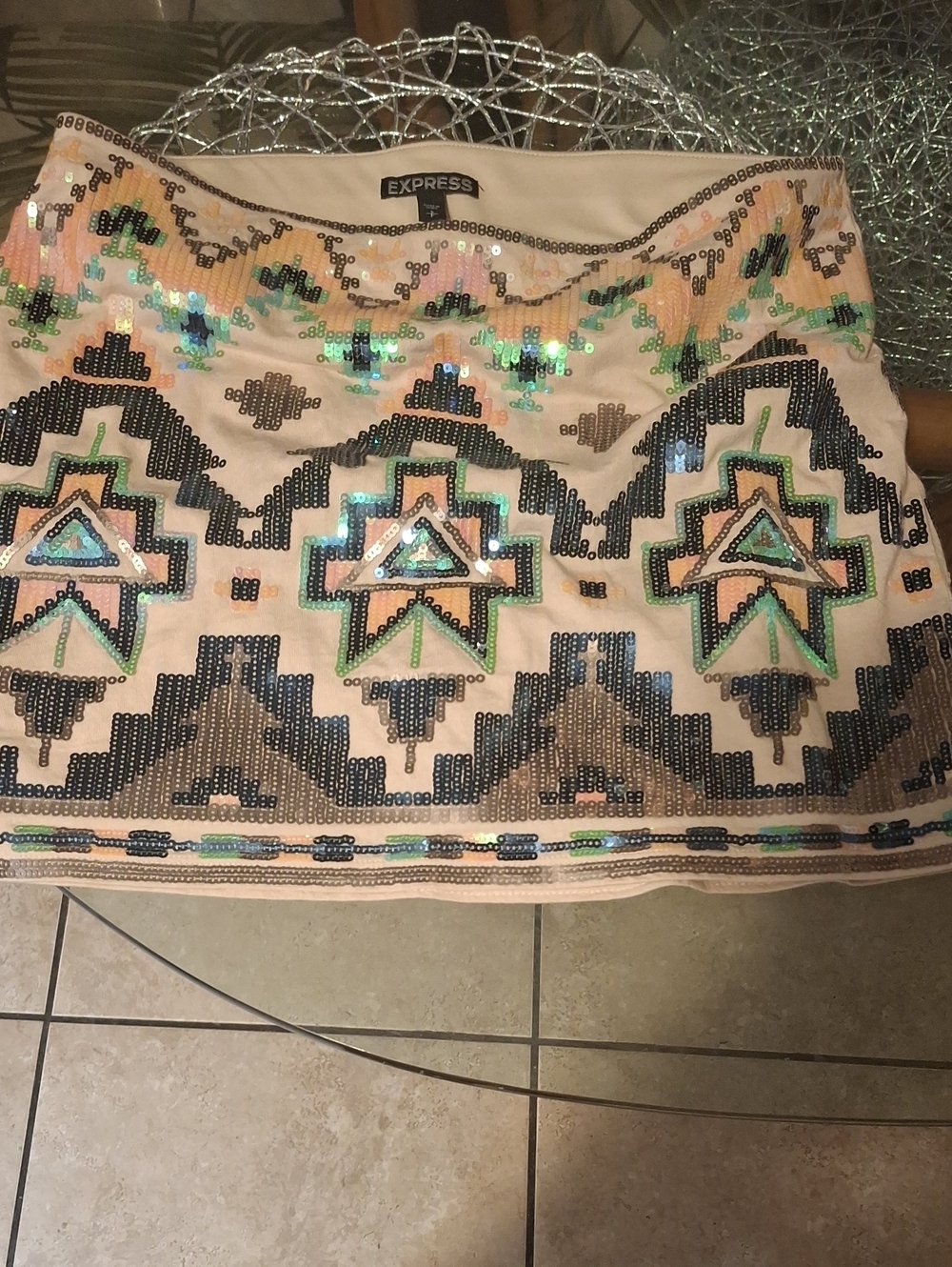 Express Peach Sequin Geo Mini Skirt